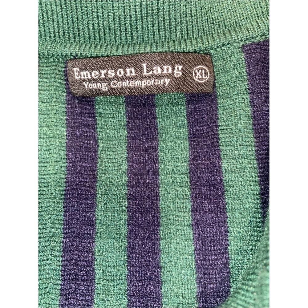 EMERSON LANG Classy Luxury Quality Cardigan Sweater in Green Navy Blue Stripe - Picture 5 of 6